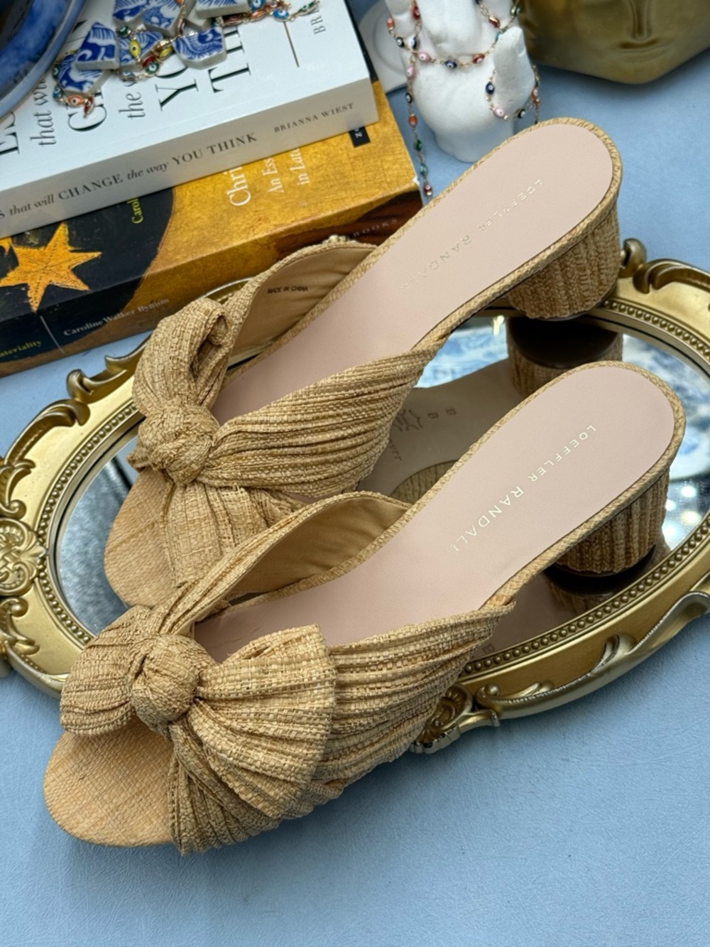 Loeffler Randall Tan Bow Knot Raffia Block Heel Mules - Picture 13 of 16